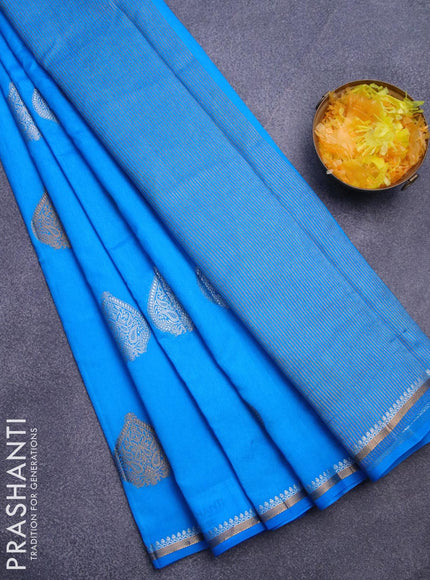 Semi raw silk saree cs blue with silver & gold zari woven buttas and small zari woven border