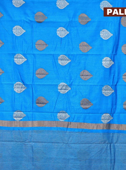 Semi raw silk saree cs blue with silver & gold zari woven buttas and small zari woven border