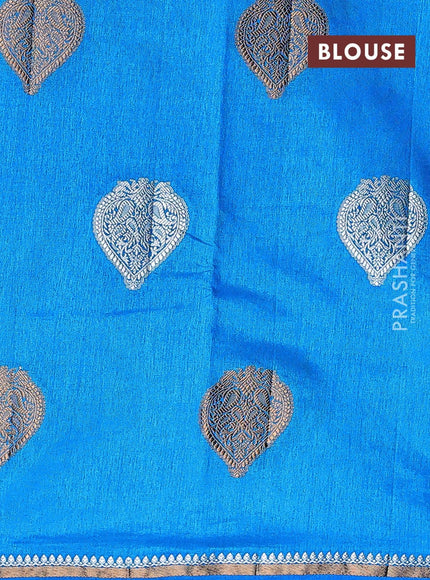 Semi raw silk saree cs blue with silver & gold zari woven buttas and small zari woven border