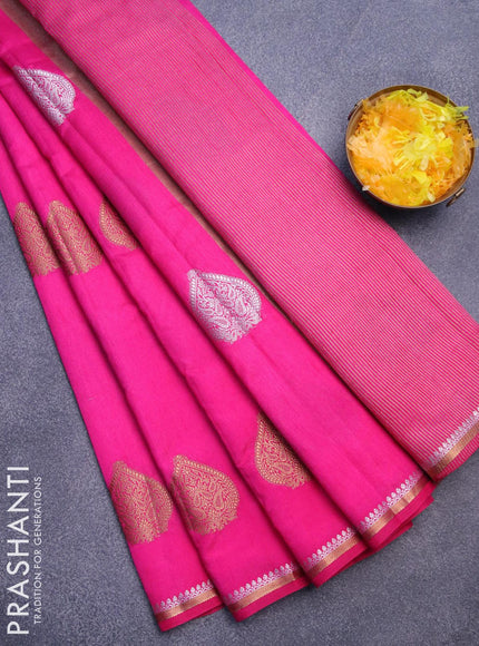 Semi raw silk saree pink with silver & gold zari woven buttas and small zari woven border