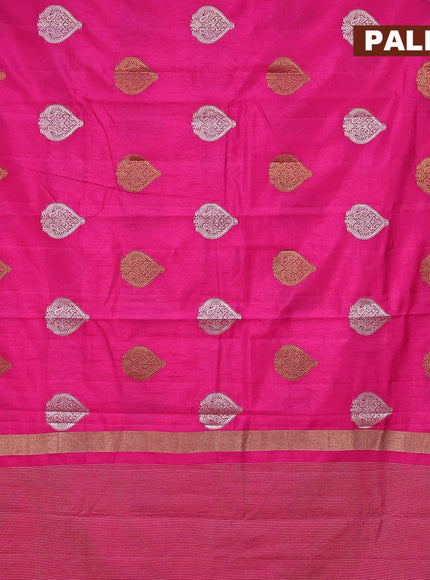 Semi raw silk saree pink with silver & gold zari woven buttas and small zari woven border