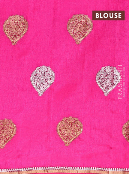 Semi raw silk saree pink with silver & gold zari woven buttas and small zari woven border