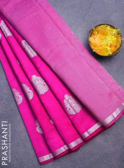 Semi raw silk saree pink with silver zari woven buttas and small zari woven border