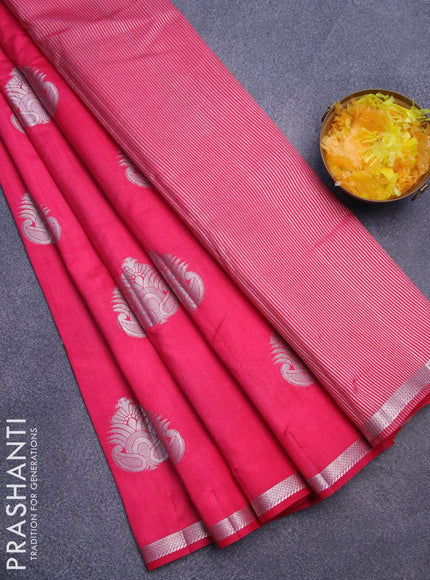 Semi raw silk saree pink with silver zari woven buttas and small zari woven border