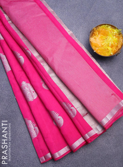 Semi raw silk saree pink with silver zari woven buttas and small zari woven border