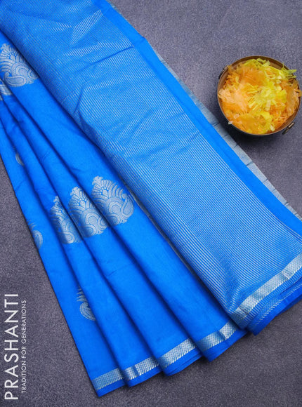 Semi raw silk saree cs blue with silver zari woven buttas and small zari woven border