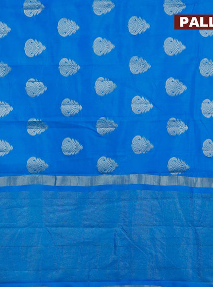 Semi raw silk saree cs blue with silver zari woven buttas and small zari woven border