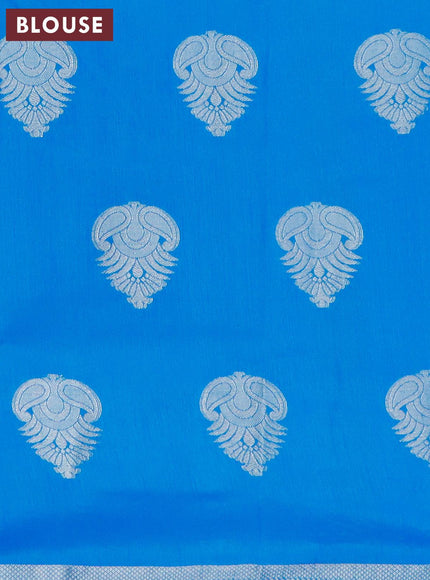 Semi raw silk saree cs blue with silver zari woven buttas and small zari woven border