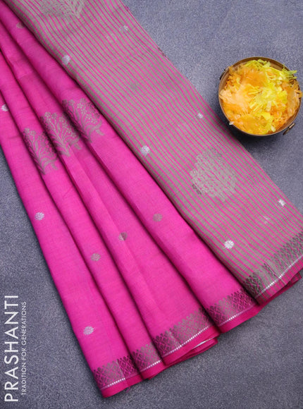 Semi raw silk saree pink with thread & silver zari woven buttas and woven border