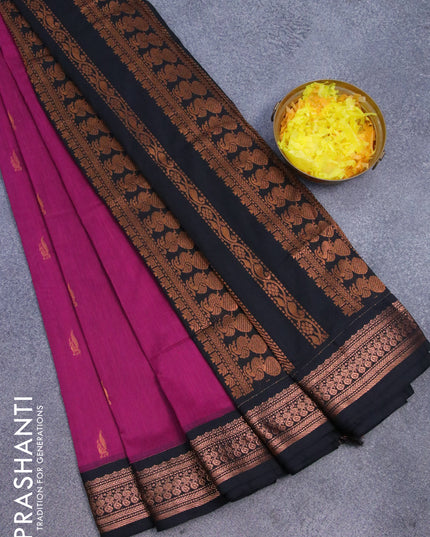 Kalyani cotton saree magenta pink and black with copper zari woven annam buttas and peacock copper zari woven border