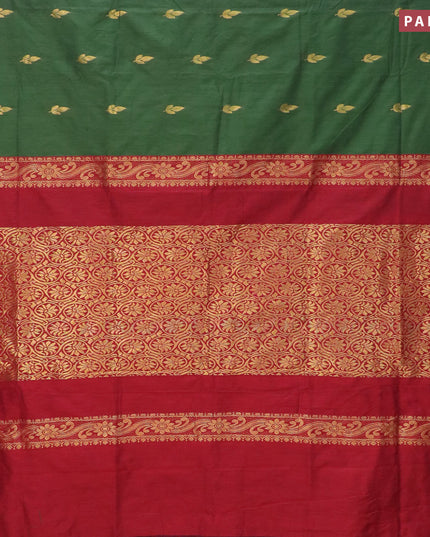 Kalyani cotton saree sap green and red with zari woven leaf buttas and temple woven simple border