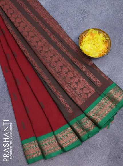 Kalyani cotton saree maroon and green with thread woven buttas and peacocck copper zari woven border