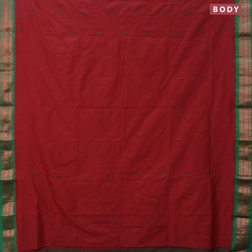 Kalyani cotton saree maroon and green with thread woven buttas and peacocck copper zari woven border