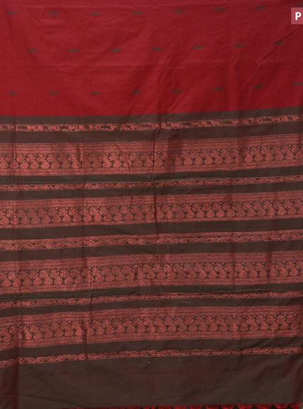 Kalyani cotton saree maroon and green with thread woven buttas and peacocck copper zari woven border