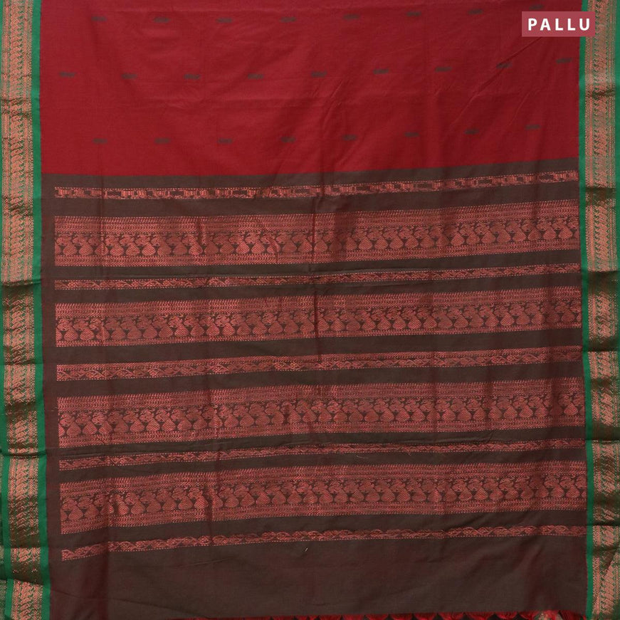 Kalyani cotton saree maroon and green with thread woven buttas and peacocck copper zari woven border