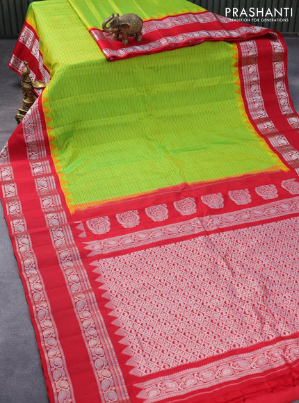 Pure gadwal silk saree lime green and red with allover stripes pattern and temple design rettapet silver zari woven border