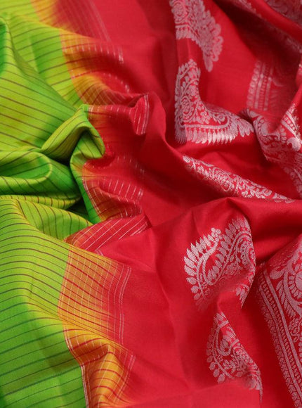 Pure gadwal silk saree lime green and red with allover stripes pattern and temple design rettapet silver zari woven border