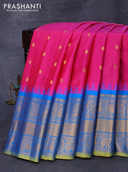 Pure gadwal silk saree pink and cs blue with zari woven buttas and temple design long zari wove border