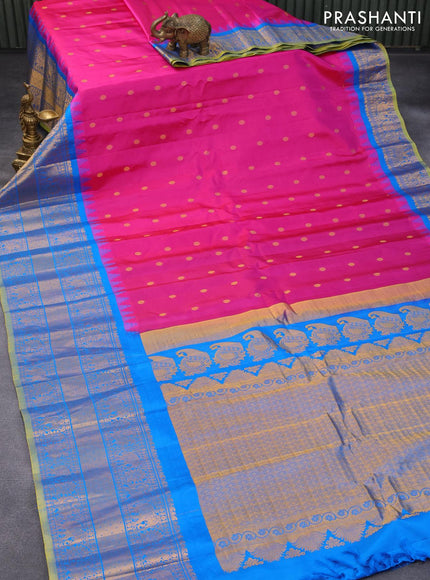 Pure gadwal silk saree pink and cs blue with zari woven buttas and temple design long zari wove border