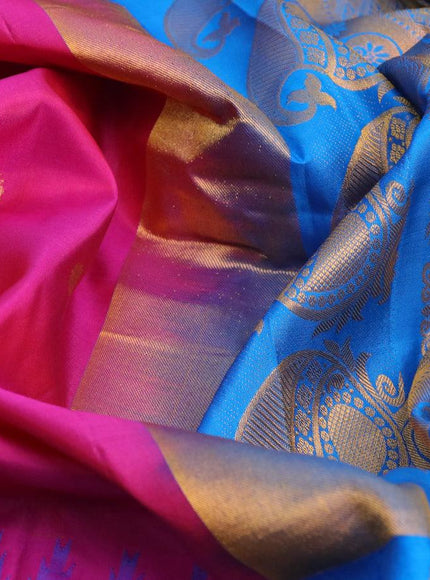 Pure gadwal silk saree pink and cs blue with zari woven buttas and temple design long zari wove border