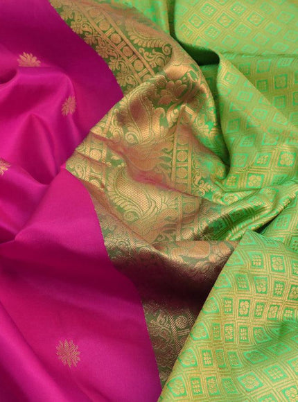 Pure gadwal silk saree pink and light green with allover zari woven floral buttas and temple design annam zari woven border