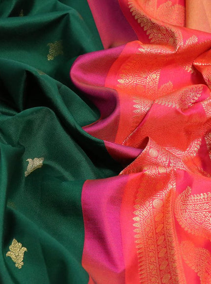 Pure gadwal silk saree green and dual shade of pinkish orange with zari woven buttas and temple design long zari woven border