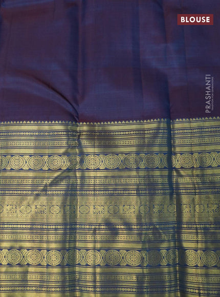 Pure kanjivaram silk saree cs blue and dual shade of maroon with allover zari checks & buttas and long zari woven border