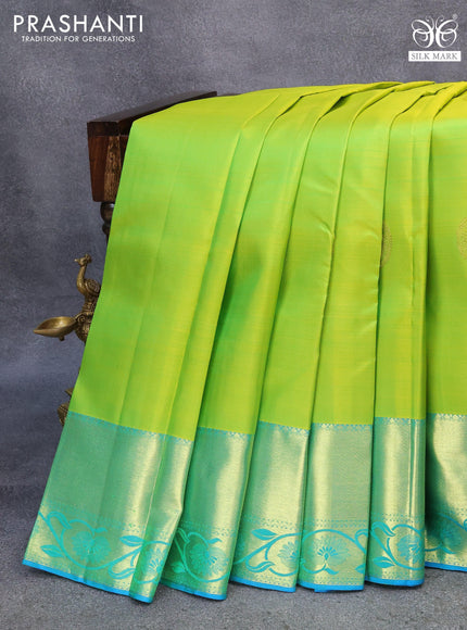 Pure kanjivaram silk saree lime green and cs blue with zari woven buttas and rich zari woven border