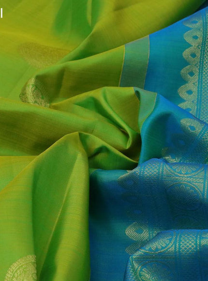 Pure kanjivaram silk saree lime green and cs blue with zari woven buttas and rich zari woven border