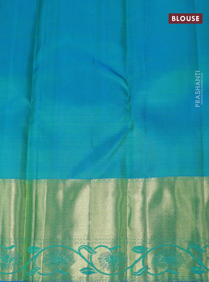 Pure kanjivaram silk saree lime green and cs blue with zari woven buttas and rich zari woven border