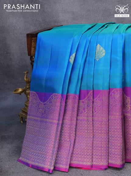 Pure kanjivaram silk saree light blue and purple with zari woven buttas and rich zari woven border