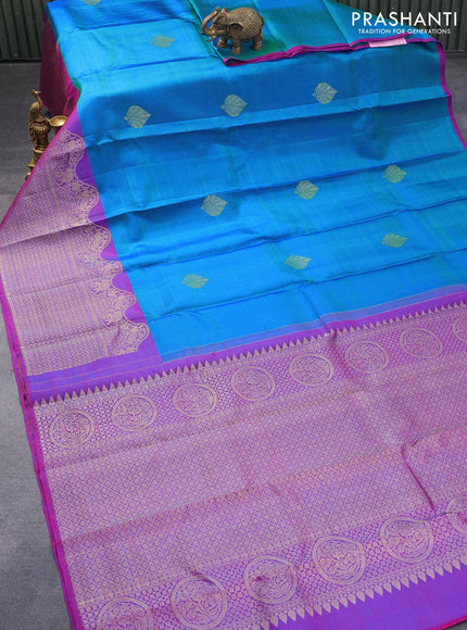 Pure kanjivaram silk saree light blue and purple with zari woven buttas and rich zari woven border