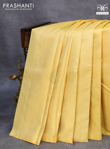 Pure kanjivaram silk saree pale yellow and maroon with allover zari weaves & buttas in borderless style