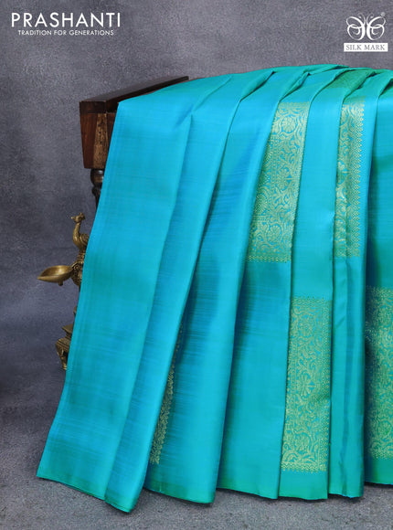 Pure kanjivaram silk saree teal blue and pink with zari woven box type buttas in borderless style