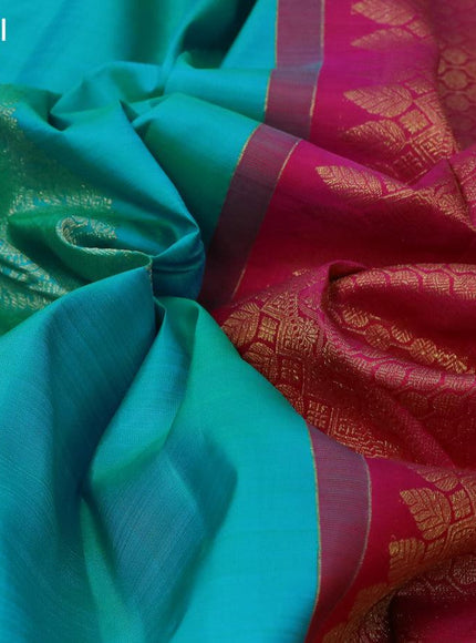 Pure kanjivaram silk saree teal blue and pink with zari woven box type buttas in borderless style