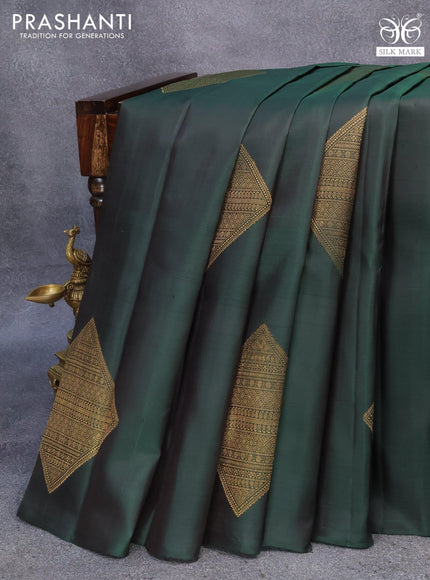 Pure kanjivaram silk saree bottle green and light blue with zari woven geometric buttas in borderless style