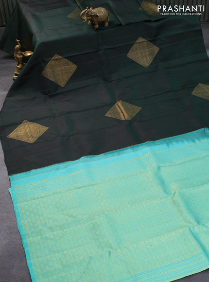 Pure kanjivaram silk saree bottle green and light blue with zari woven geometric buttas in borderless style