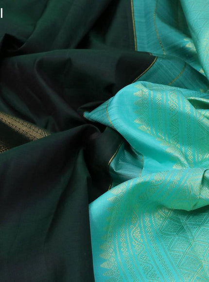 Pure kanjivaram silk saree bottle green and light blue with zari woven geometric buttas in borderless style