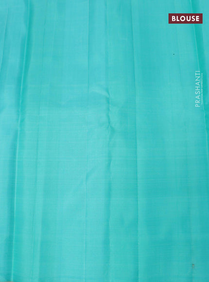 Pure kanjivaram silk saree bottle green and light blue with zari woven geometric buttas in borderless style