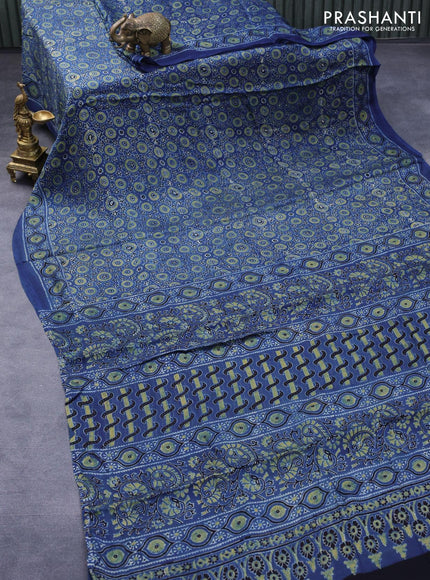 Modal silk saree blue with allover floral prints and ajrakh printed pallu