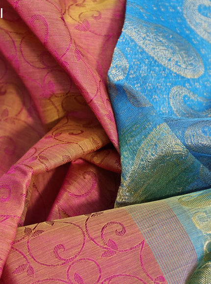 Silk cotton saree dual shade of pinkish yellow and cs blue with allover self emboss jaquard and annam zari woven border