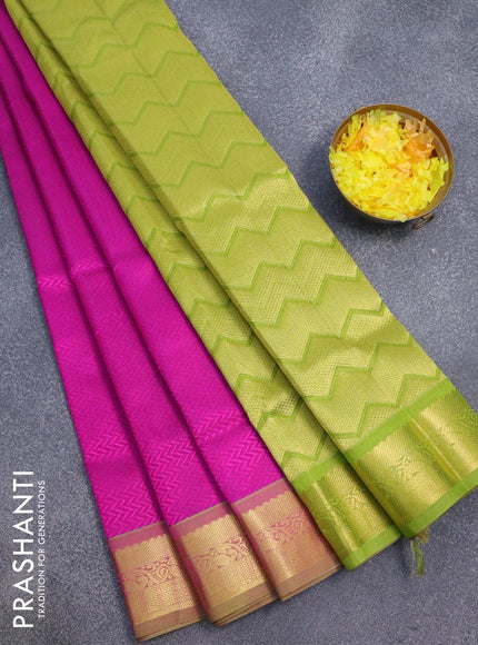 Silk cotton saree magenta pink and light green with allover self emboss jaquard and zari woven border