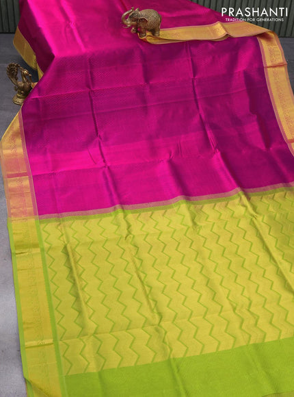 Silk cotton saree magenta pink and light green with allover self emboss jaquard and zari woven border