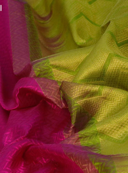 Silk cotton saree magenta pink and light green with allover self emboss jaquard and zari woven border