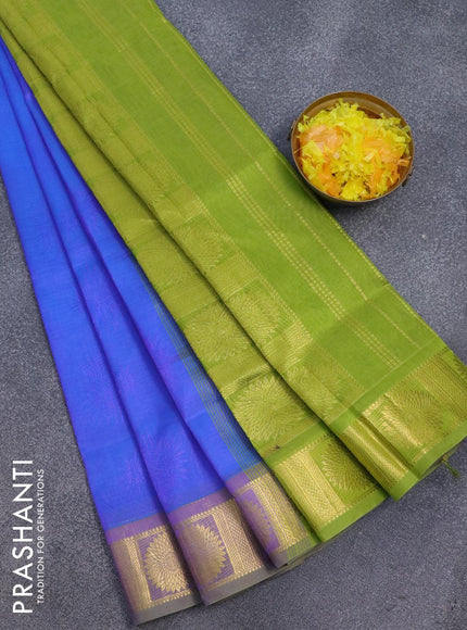 Silk cotton saree dual shade of blue and light green with allover self emboss jaquard and zari woven border