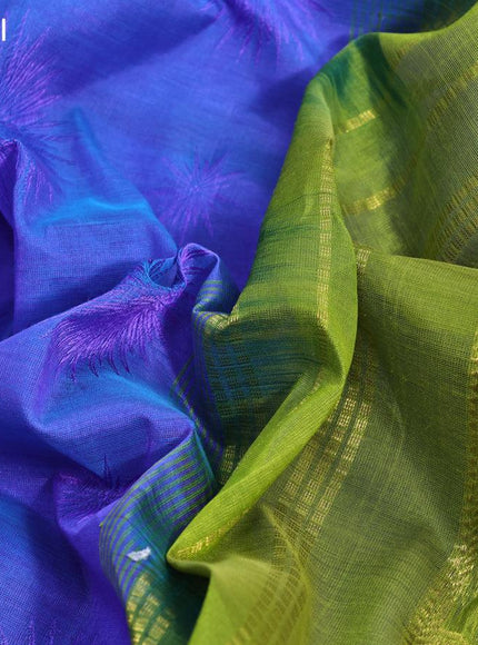 Silk cotton saree dual shade of blue and light green with allover self emboss jaquard and zari woven border