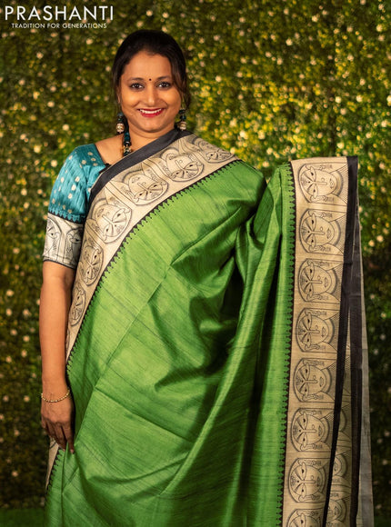 Chappa saree light green and cream with plain body and madhubani printed border