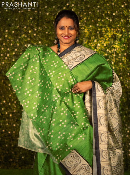 Chappa saree light green and cream with plain body and madhubani printed border