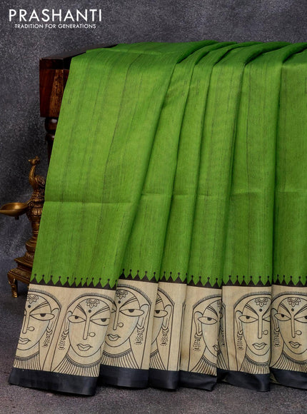 Chappa saree light green and cream with plain body and madhubani printed border