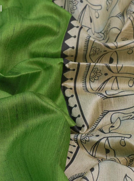 Chappa saree light green and cream with plain body and madhubani printed border